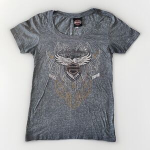 Harley Davidson Womens XS Black Rhinestone Wings Biker Bling Back Graphic